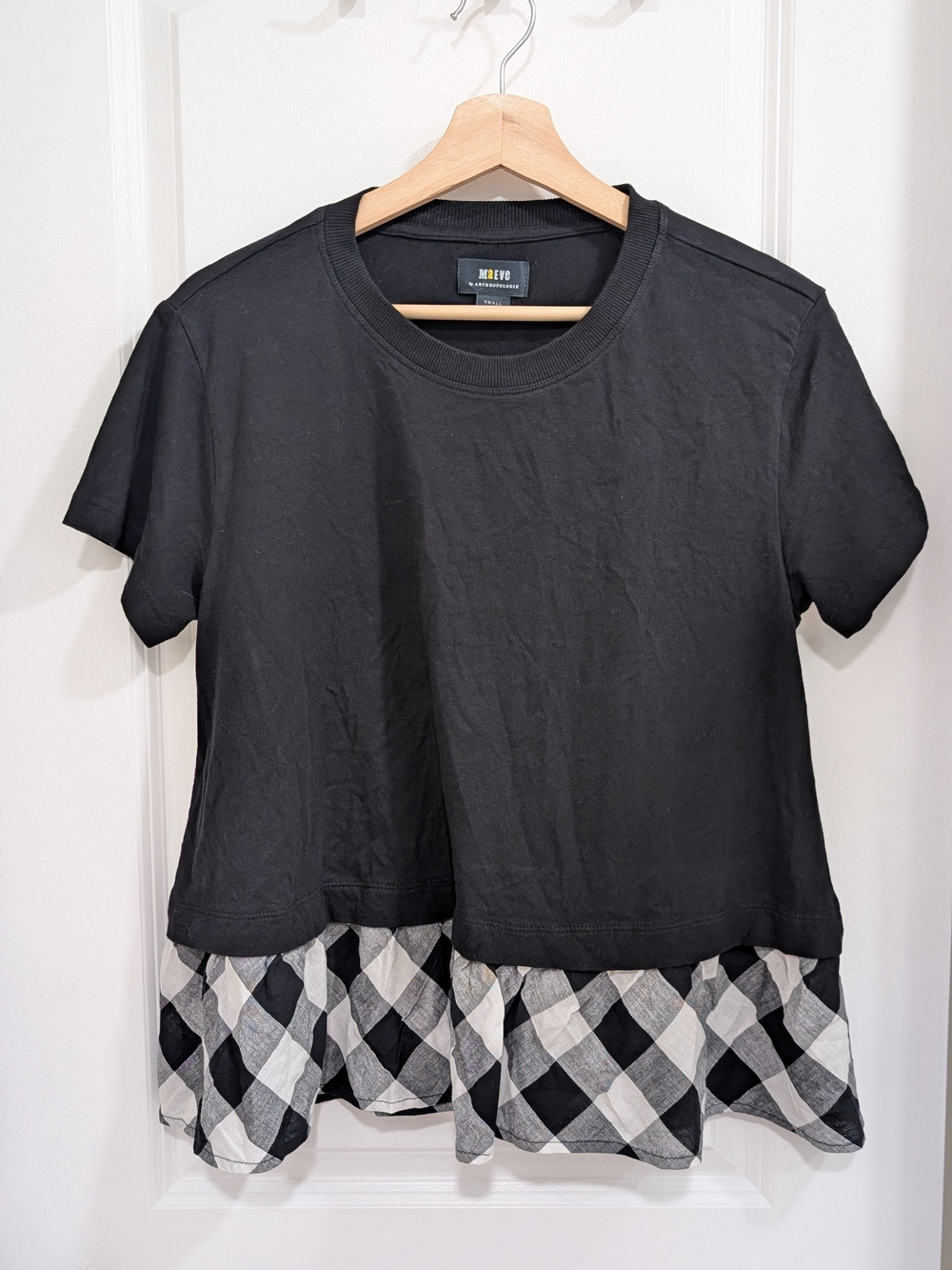 Maeve By Anthropologie Black Short-Sleeve Tee with Gingham Hem Size Small